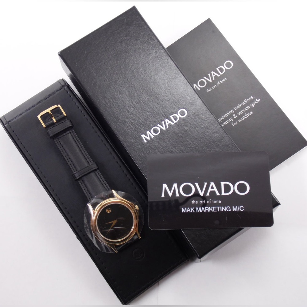 MOVADO “TRUMP” Signature Gold Black Leather Band Watch